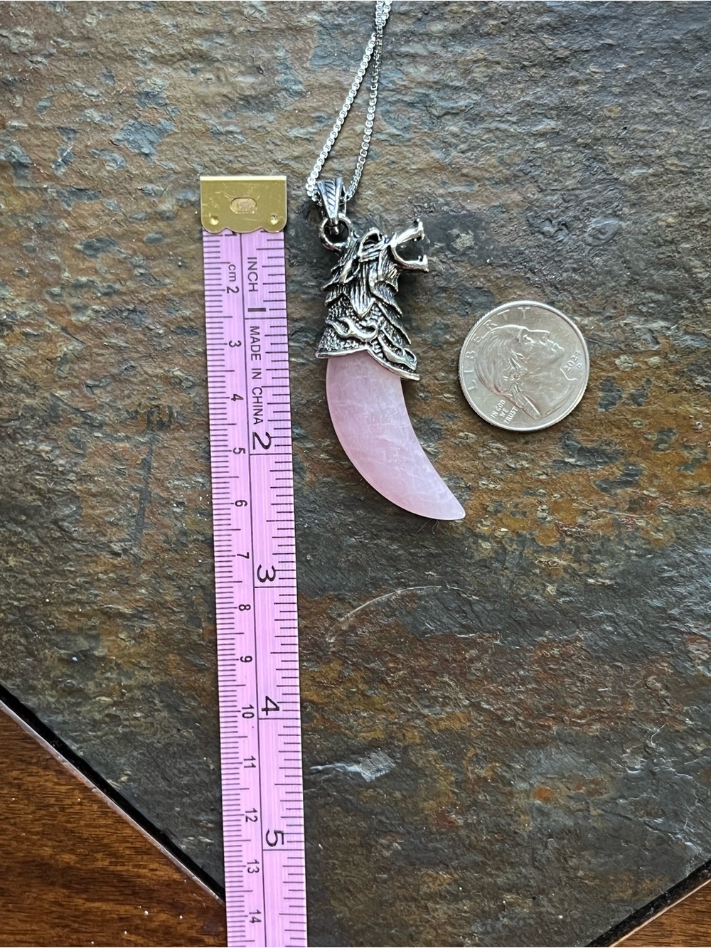Silver Color Dragon Rose Quartz Tooth Pendant Necklace - Pink